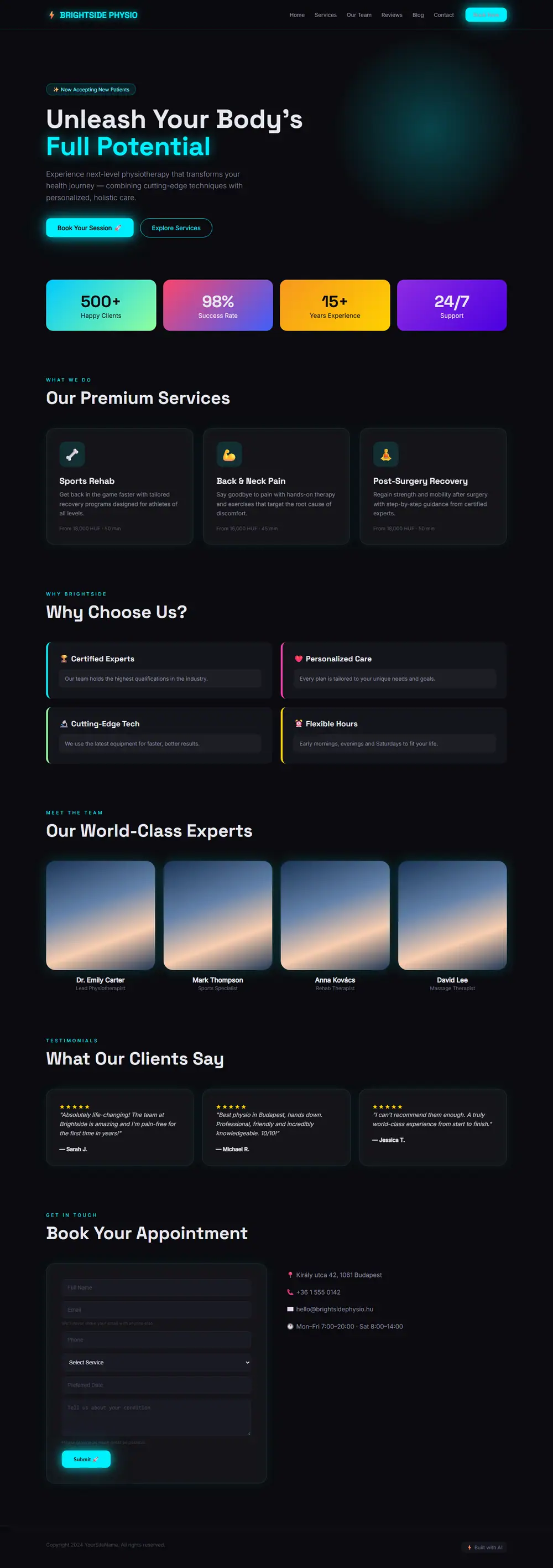 The whole page before: Neon on black, glass, rainbow stats, broken on phones.