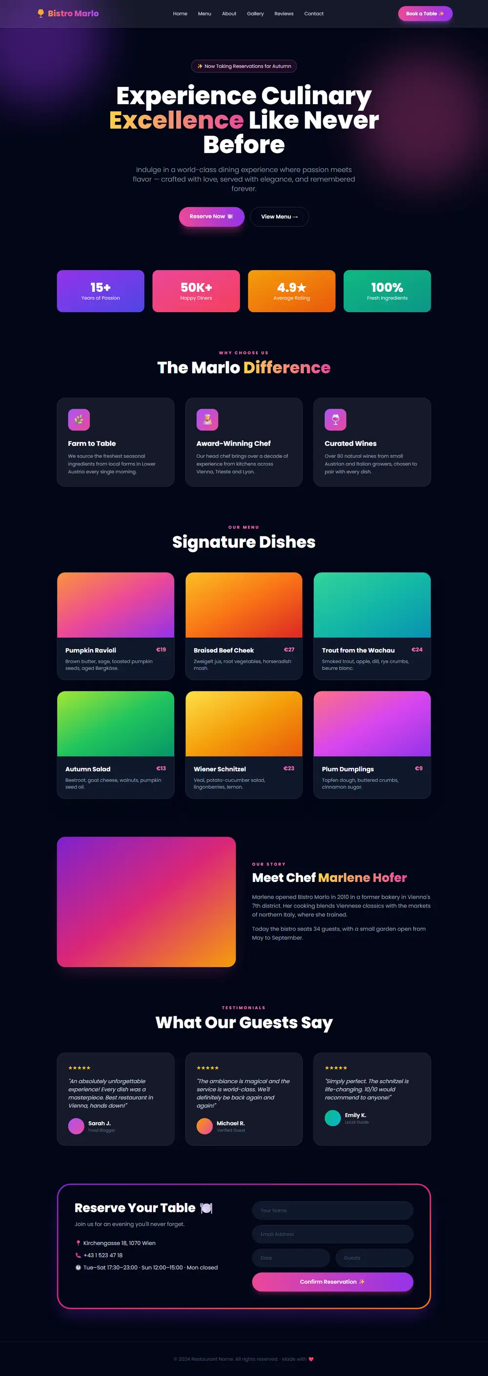 The whole page before: A Lovable-style template: gradients, glass, emoji, gradient food placeholders.
