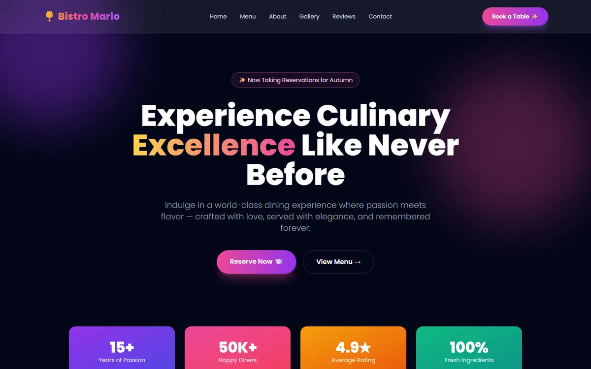 Before: A Lovable-style template: gradients, glass, emoji, gradient food placeholders.