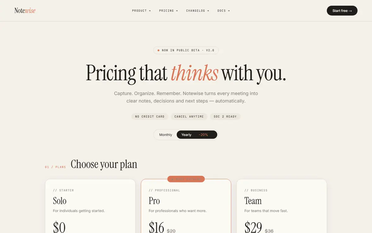 Before: The new AI look: cream page, big serif, clay accent, monospace labels, pills.